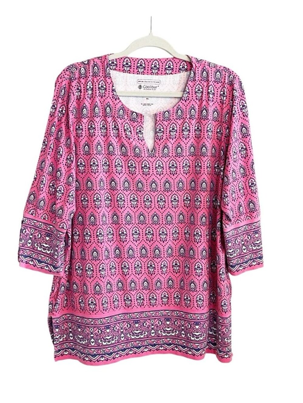 Coolibar St Lucia Tunic Top SZ XL UPF 50+ Pink Print 3/4 Sleeve Sun Shirt Beach